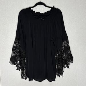 Ali Miles Women’s Tunic Top Black Lace Bell Sleeve Whimsigoth Boho 1X